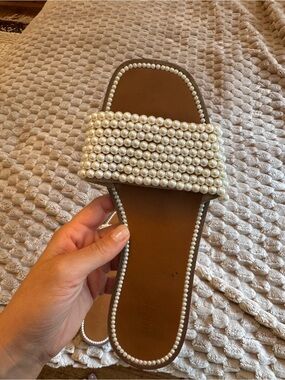 Pearl Embellished Brown Slide Sandals